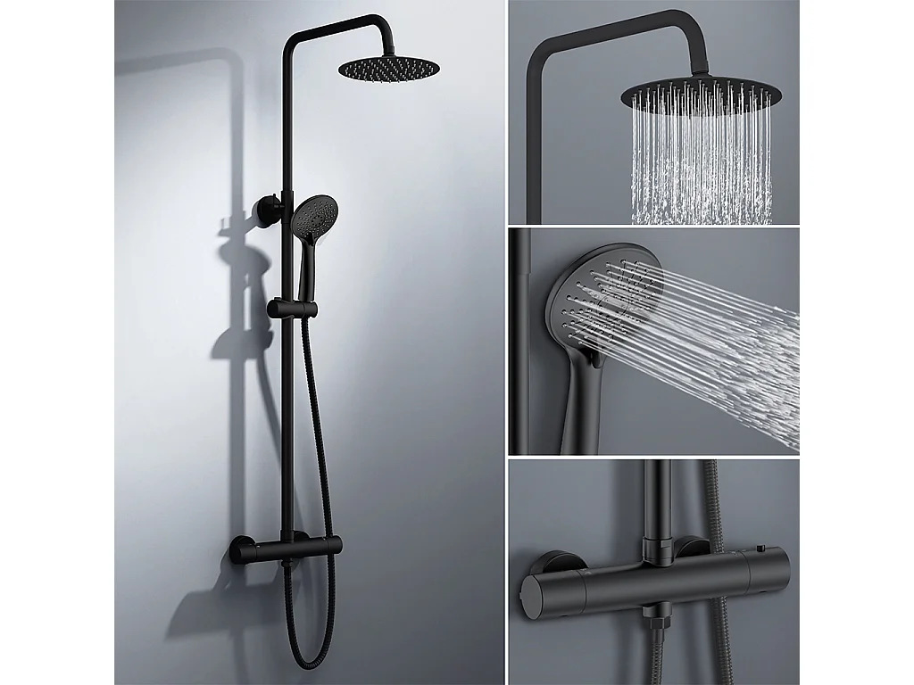 colonna doccia rotonda completo di miscelatore termostatico cilindro, soffione rotondo 20x20cm, nero