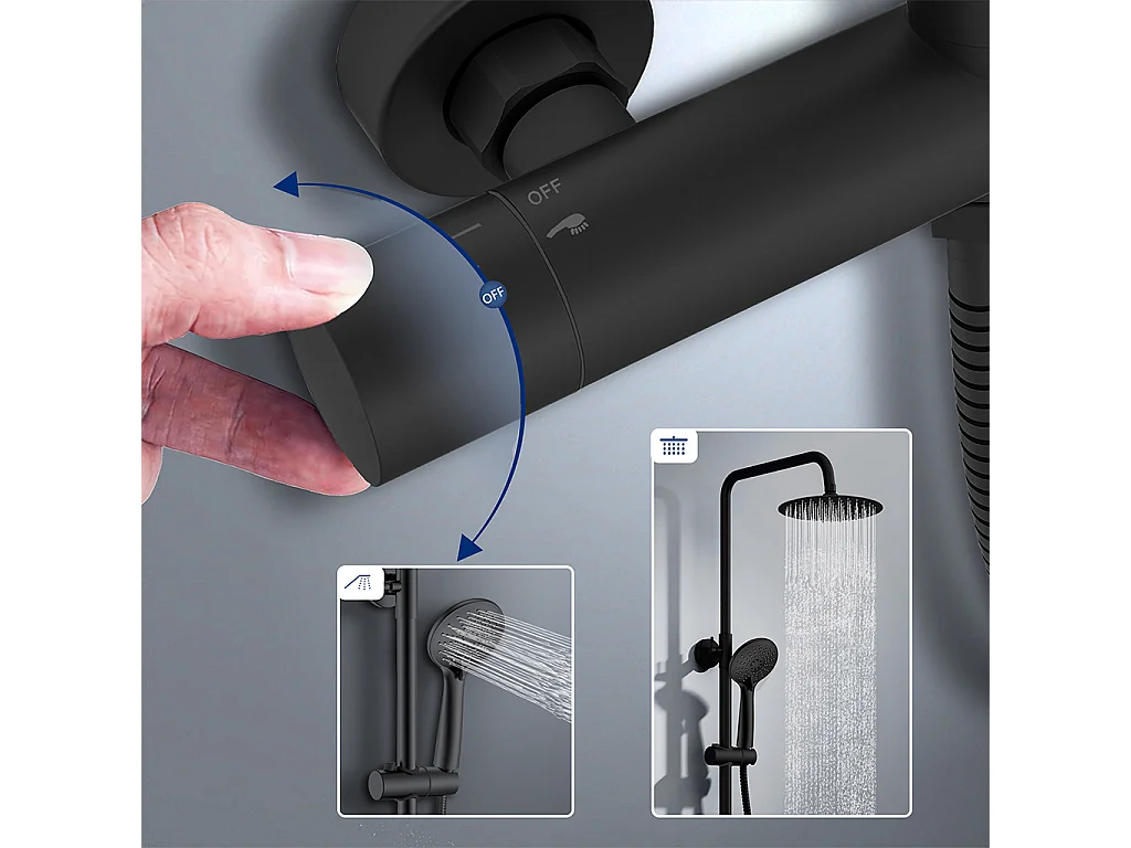 colonna doccia rotonda completo di miscelatore termostatico cilindro, soffione rotondo 20x20cm, nero