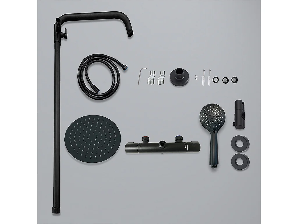 colonna doccia rotonda completo di miscelatore termostatico cilindro, soffione rotondo 20x20cm, nero