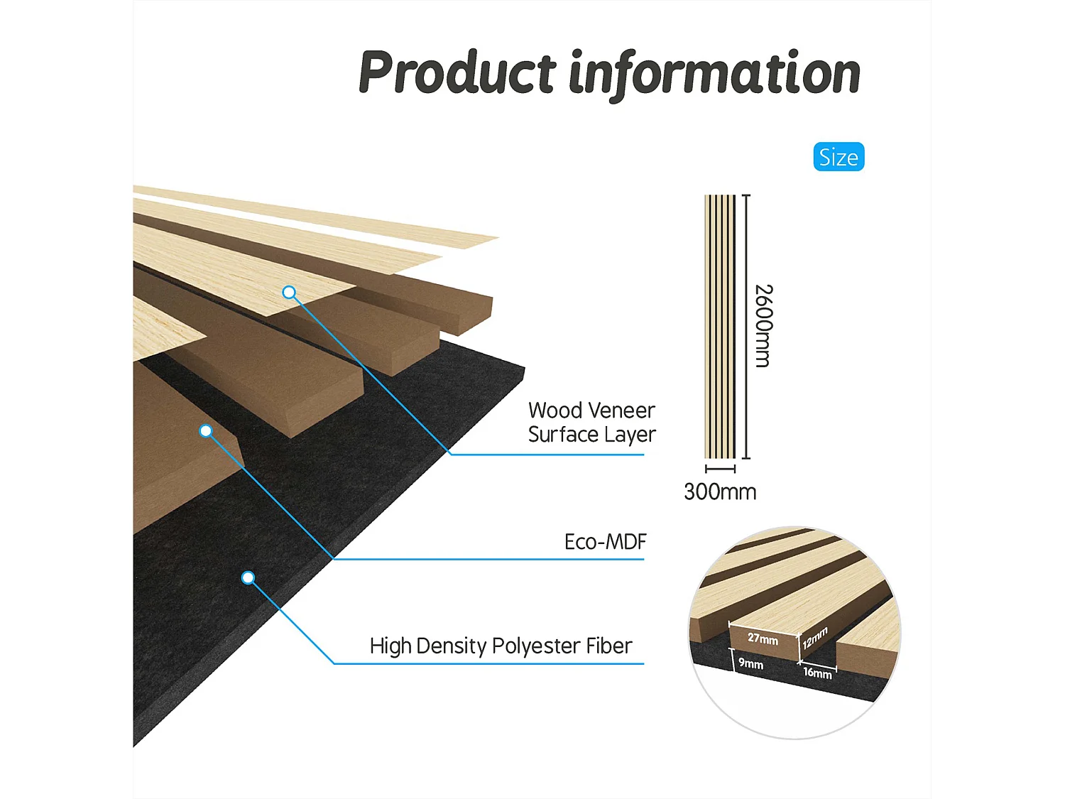 Panneaux décoratifs AICA, panneaux muraux en MDF imitation bois, lot de 3, 260 x 30 cm, Teinte chêne naturel
