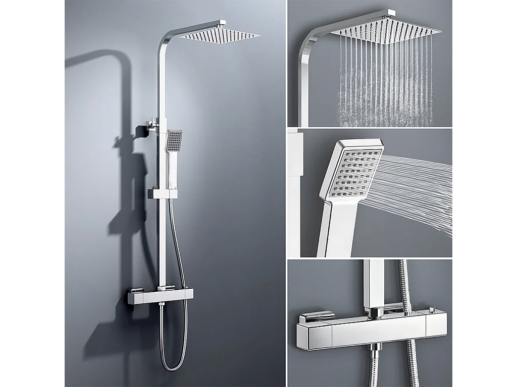 colonna doccia quadrata completo di miscelatore termostatico rettangolo, soffione quadrato 20x20cm, cromo