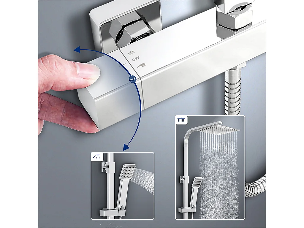 colonna doccia quadrata completo di miscelatore termostatico rettangolo, soffione quadrato 20x20cm, cromo