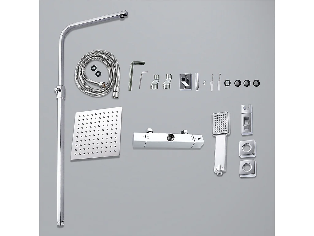colonna doccia quadrata completo di miscelatore termostatico rettangolo, soffione quadrato 20x20cm, cromo