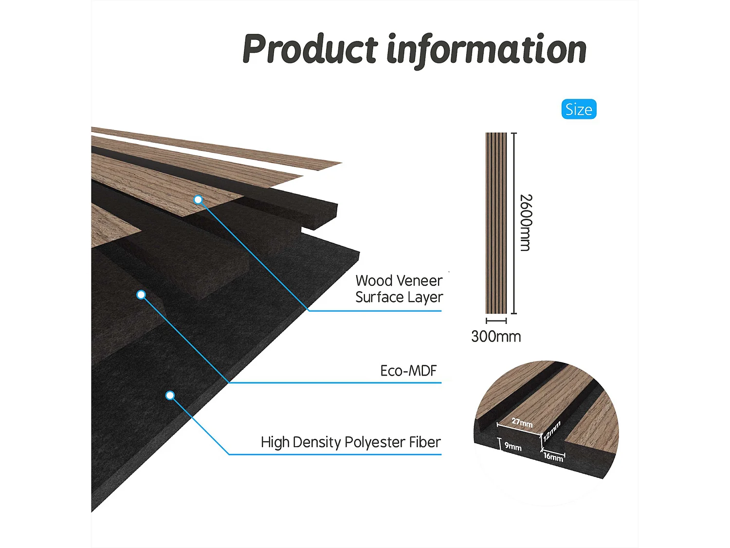 Panneaux décoratifs AICA, panneaux muraux en MDF imitation bois, lot de 3, 260 x 30 cm, Teinte chêne noyer