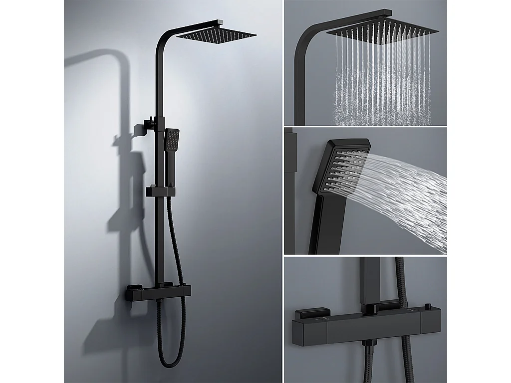 colonna doccia quadrata completo di miscelatore termostatico rettangolo, soffione quadrato 20x20cm, nero