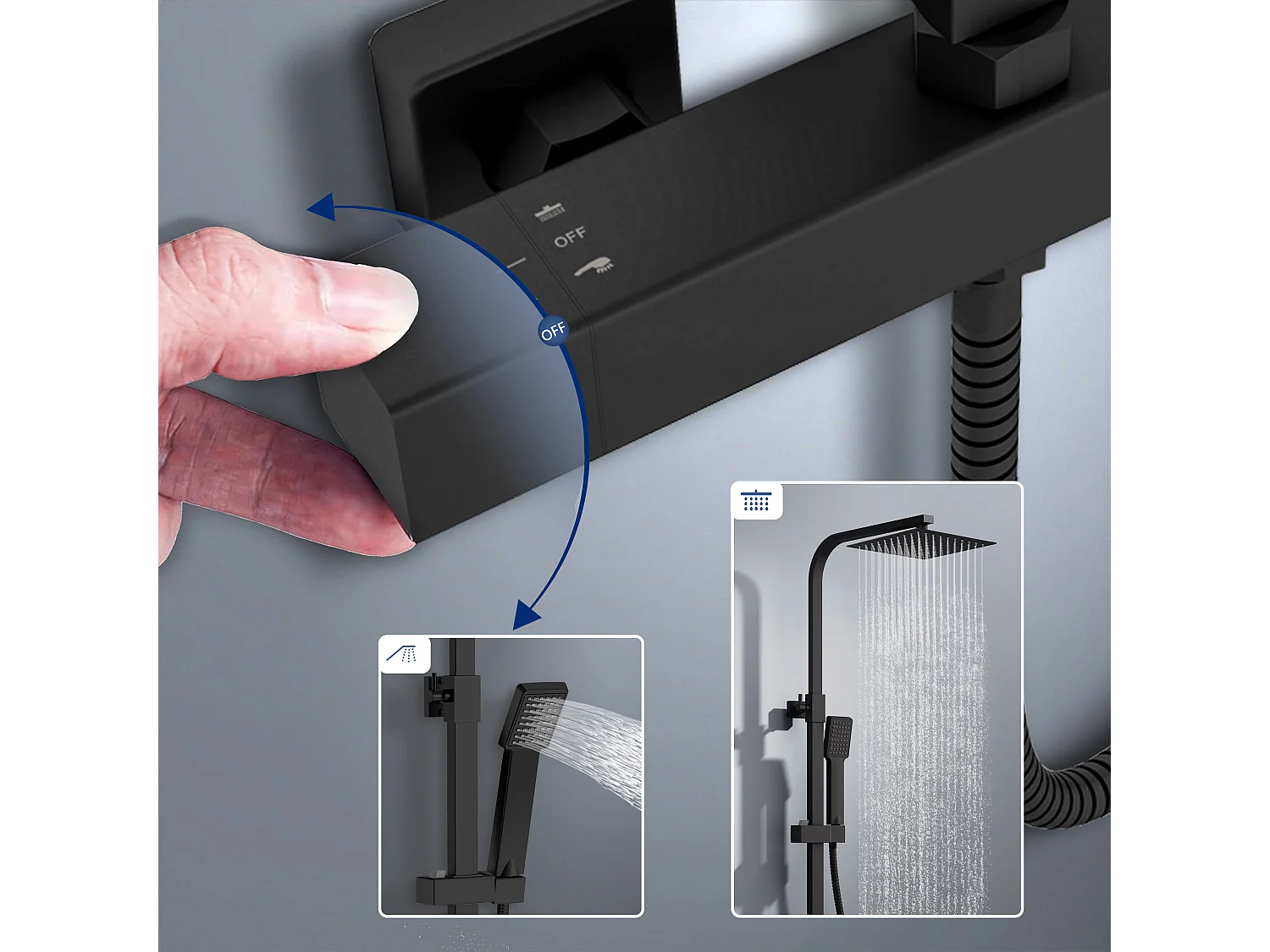 colonna doccia quadrata completo di miscelatore termostatico rettangolo, soffione quadrato 20x20cm, nero