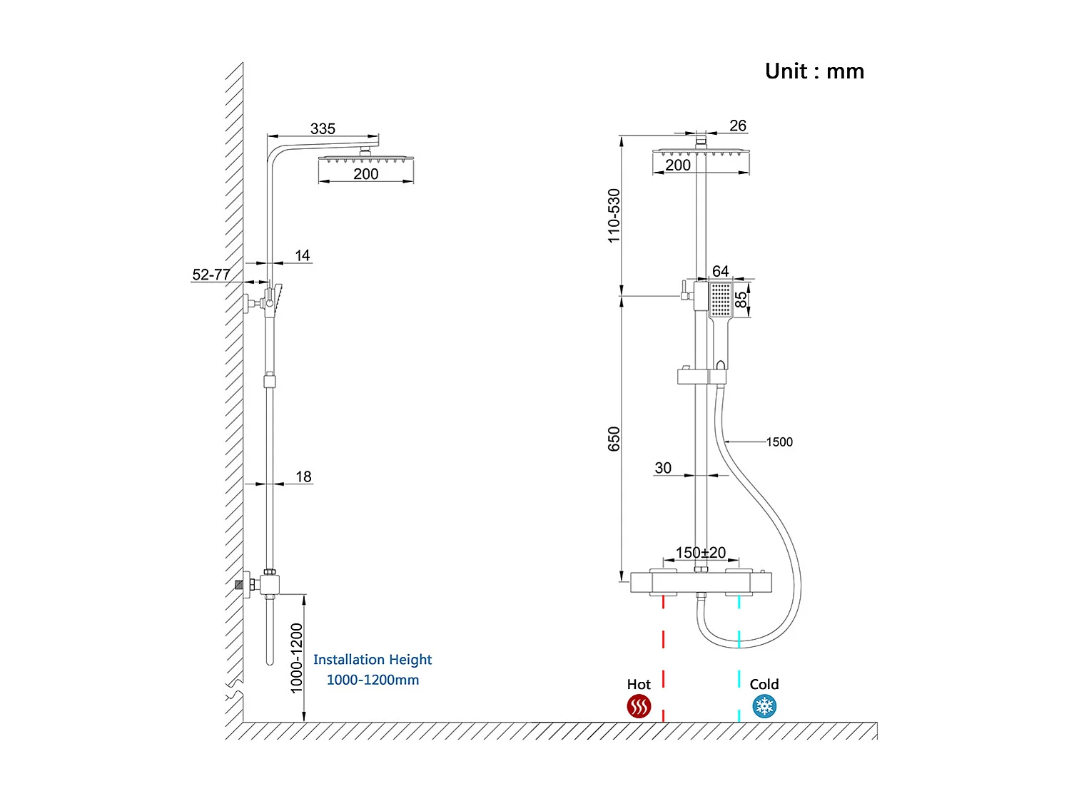 colonna doccia quadrata completo di miscelatore termostatico rettangolo, soffione quadrato 20x20cm, nero