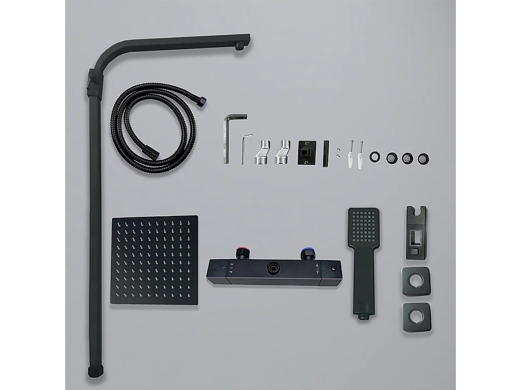 colonna doccia quadrata completo di miscelatore termostatico rettangolo, soffione quadrato 20x20cm, nero