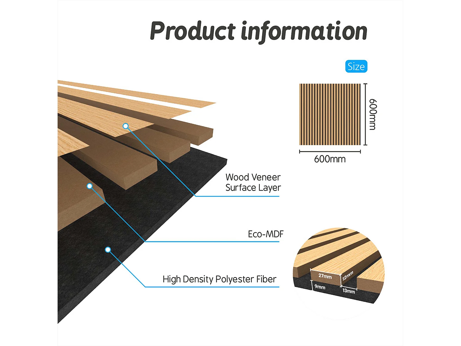 Panneaux décoratifs AICA, panneaux muraux en MDF imitation bois, lot de 4, 60 x 60 cm, Teinte chêne foncé