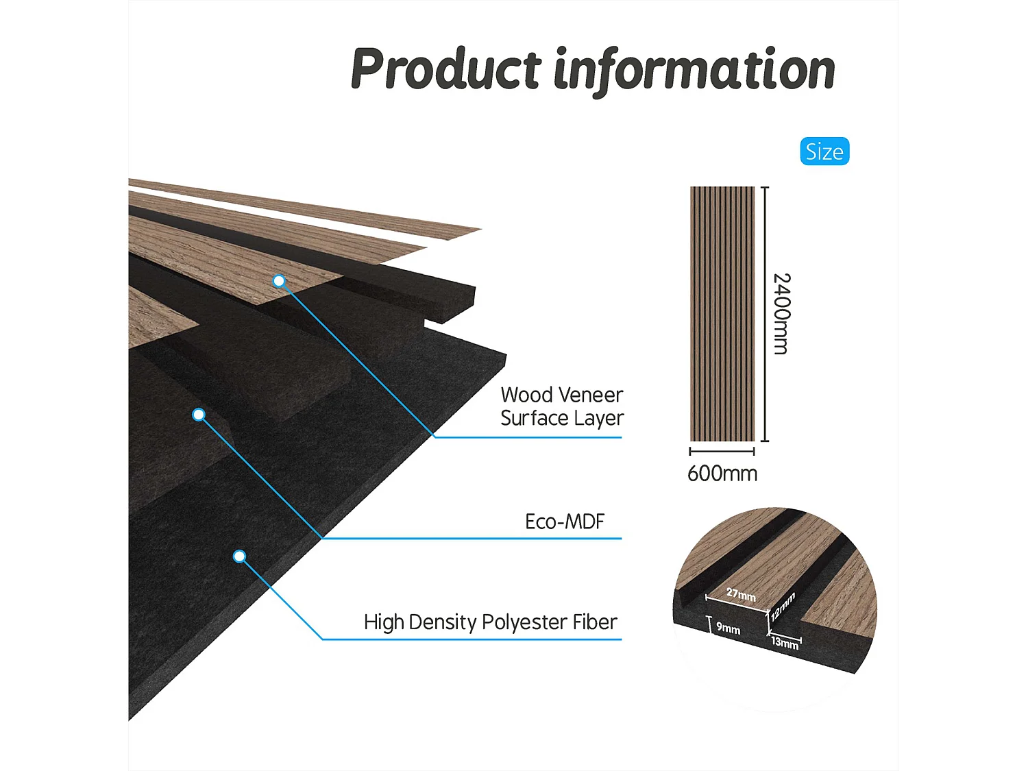 Panneaux décoratifs AICA, panneaux muraux en MDF imitation bois, lot de 3, 240 x 60 cm, Teinte chêne noyer