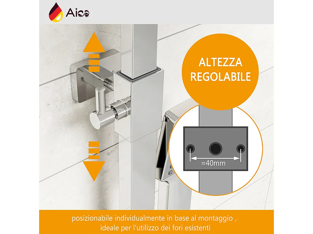 Colonna doccia con miscelatore termostatico, saliscendi doccia quadrato regolabile 73-115cm, cromo