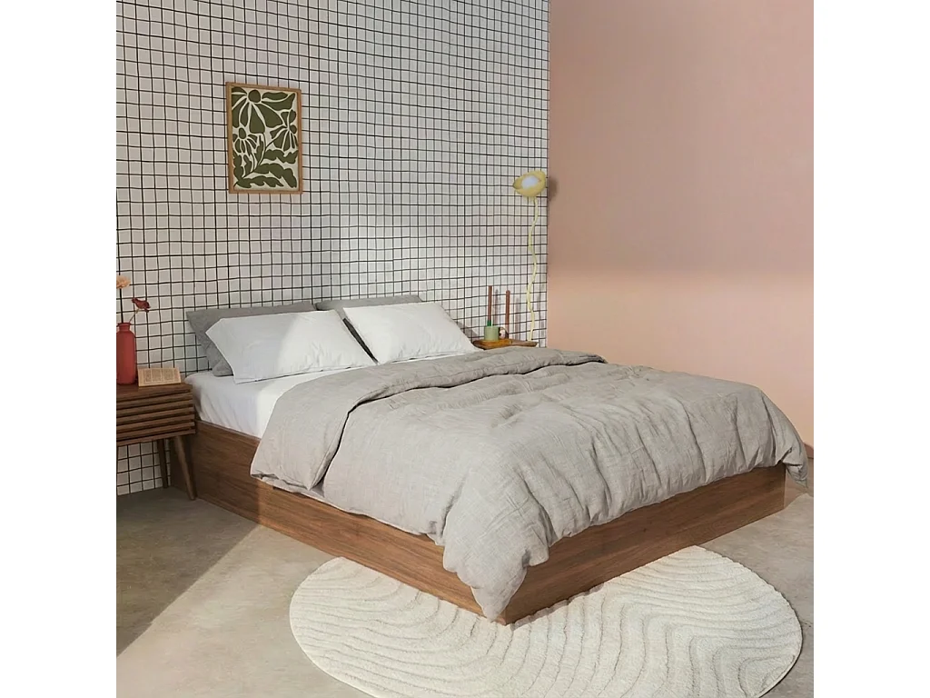 Lit coffre sommier à lattes 140x190cm décor bois noyer - Lift