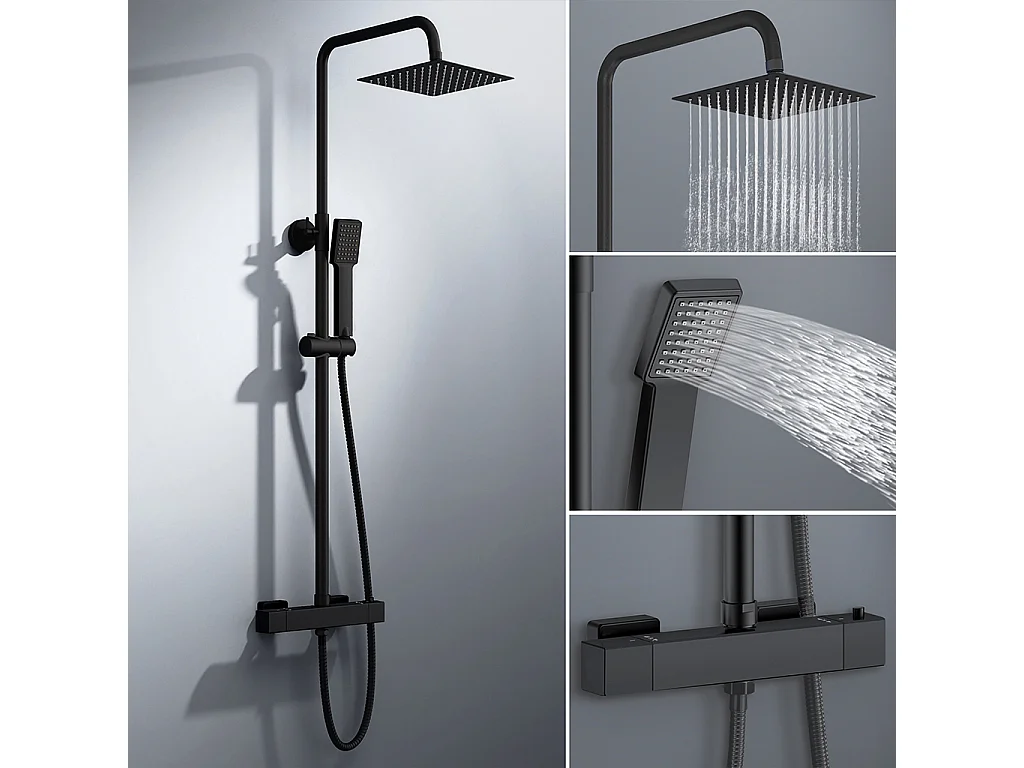 colonna doccia rotonda completo di miscelatore termostatico rettangolo, soffione quadrato 20x20cm, nero