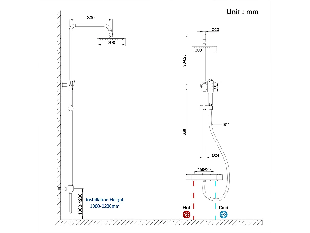 colonna doccia rotonda completo di miscelatore termostatico rettangolo, soffione quadrato 20x20cm, nero