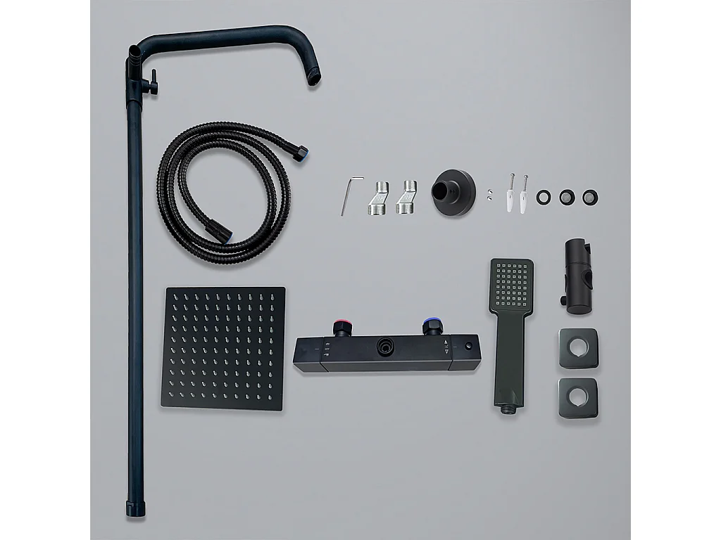 colonna doccia rotonda completo di miscelatore termostatico rettangolo, soffione quadrato 20x20cm, nero