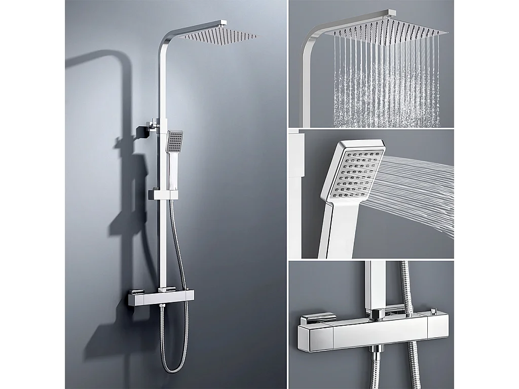colonna doccia quadrata completo di miscelatore termostatico rettangolo, soffione quadrato 25x25cm, cromo