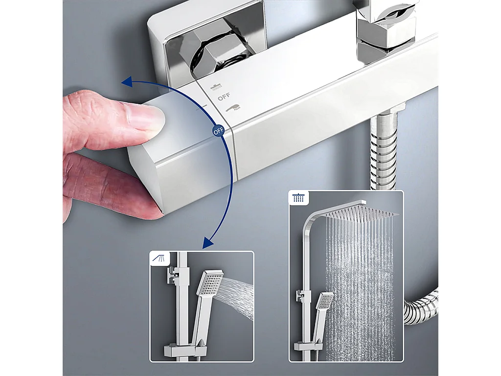 colonna doccia quadrata completo di miscelatore termostatico rettangolo, soffione quadrato 25x25cm, cromo