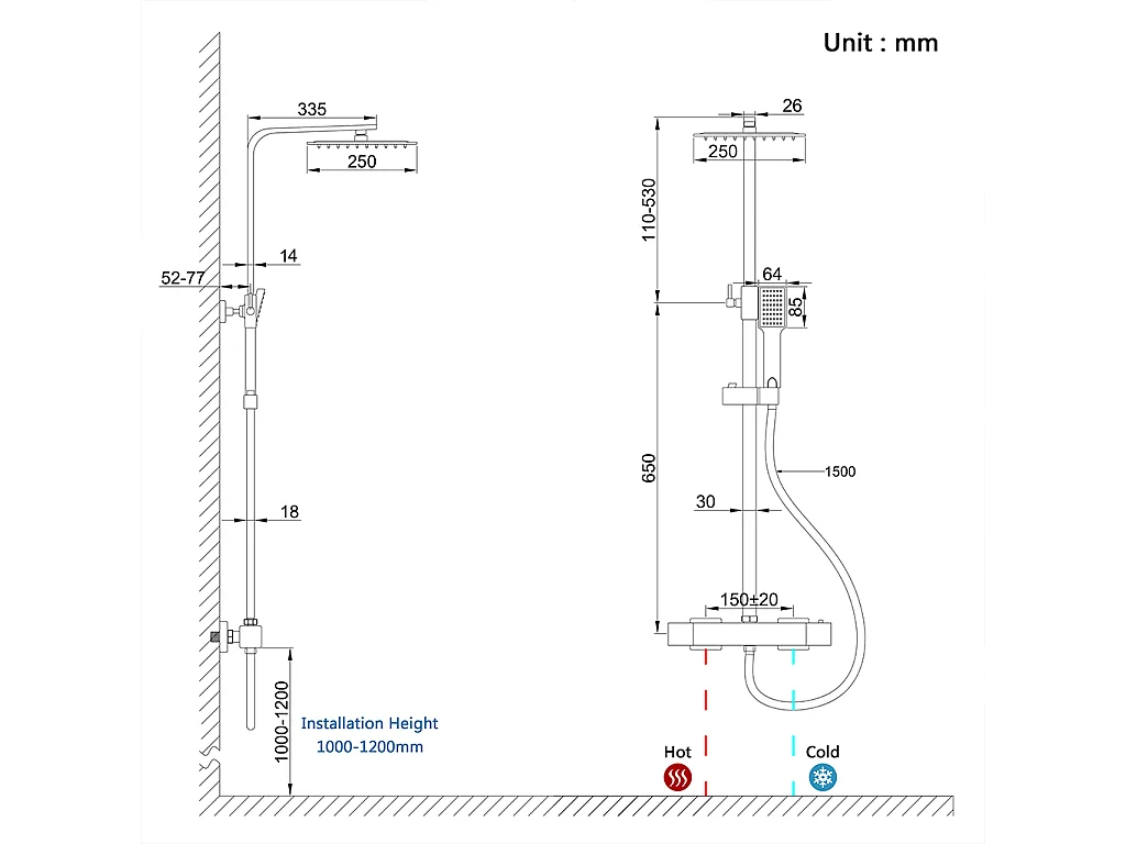 colonna doccia quadrata completo di miscelatore termostatico rettangolo, soffione quadrato 25x25cm, cromo