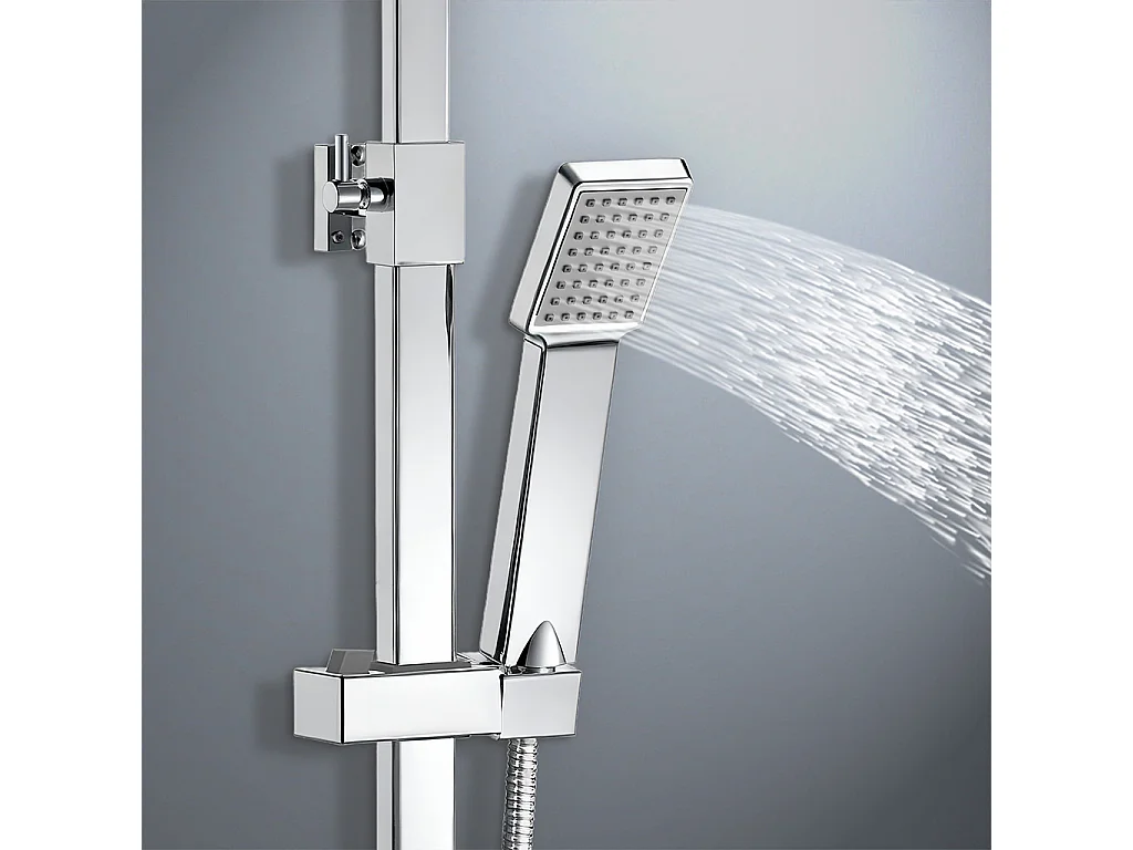 colonna doccia quadrata completo di miscelatore termostatico rettangolo, soffione quadrato 25x25cm, cromo