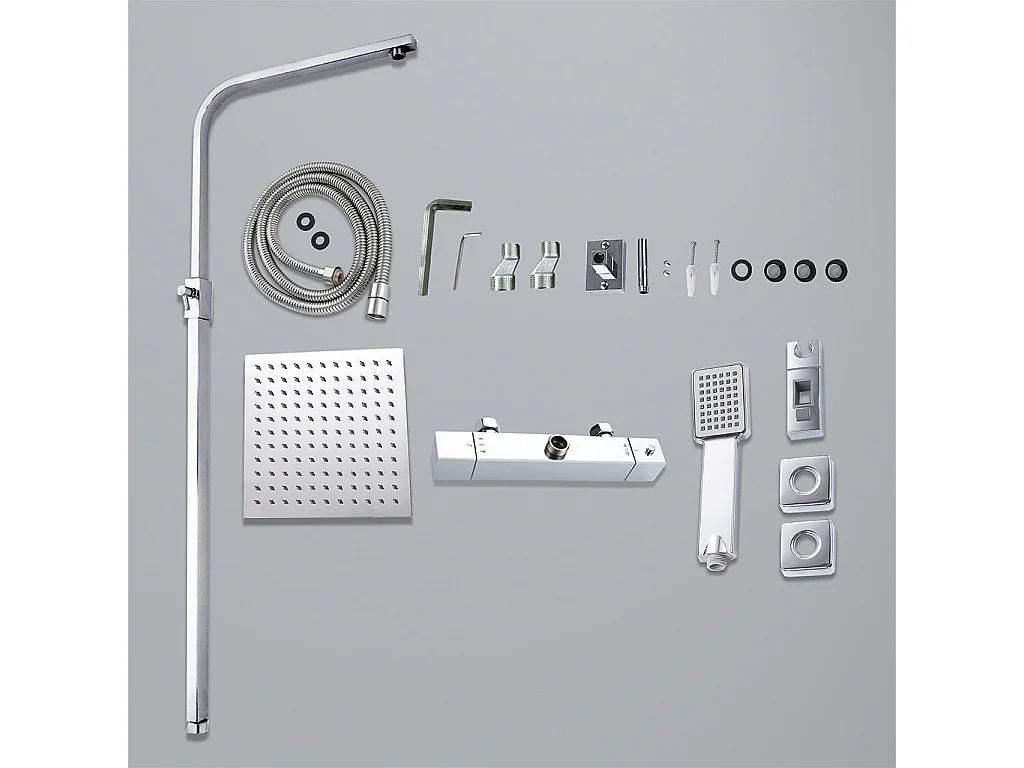 colonna doccia quadrata completo di miscelatore termostatico rettangolo, soffione quadrato 25x25cm, cromo