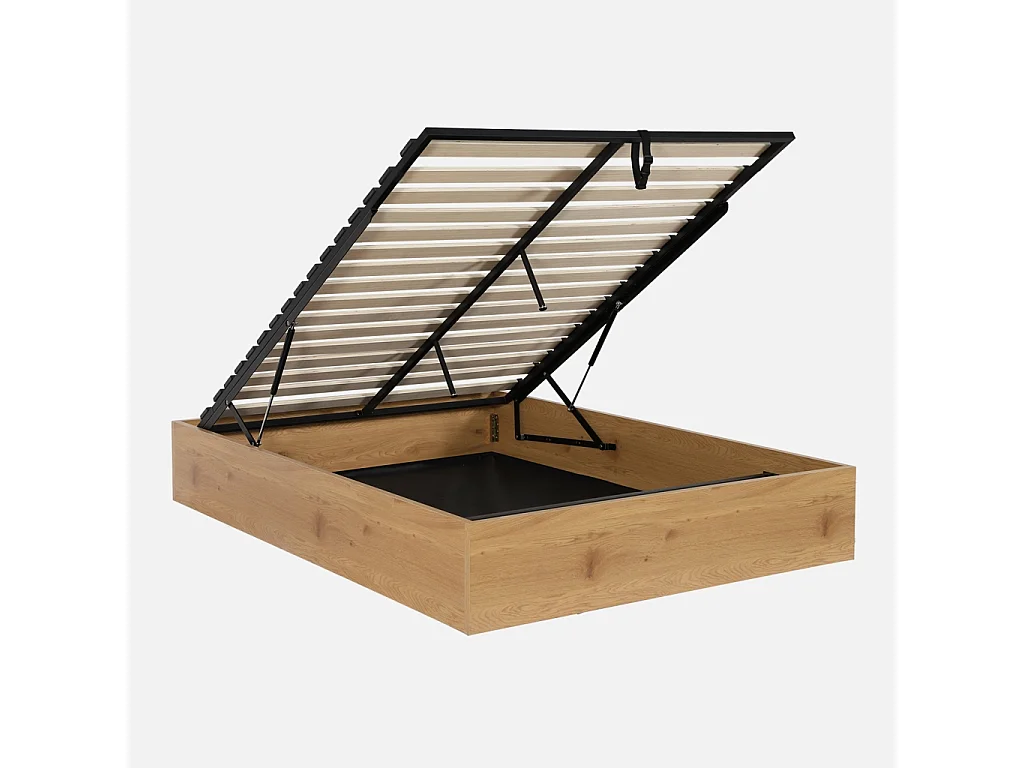 Lit coffre sommier à lattes 140x190cm décor bois chêne - Lift