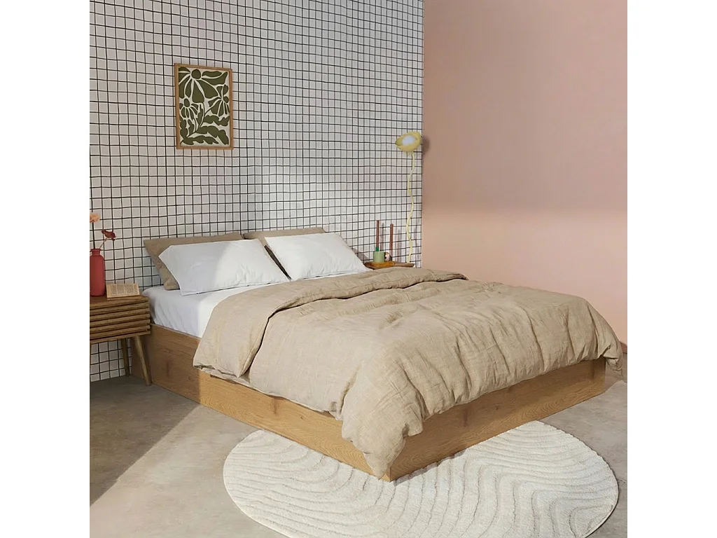 Lit coffre sommier à lattes 140x190cm décor bois chêne - Lift