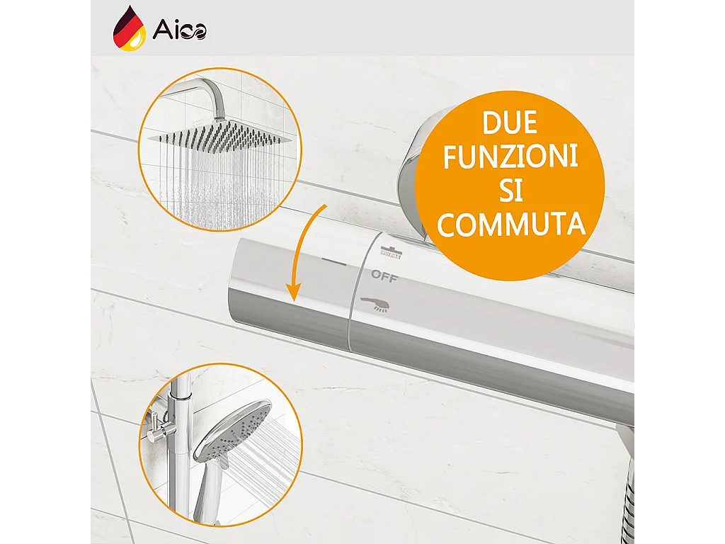 Colonna doccia con miscelatore termostatico, doccino rotondo 230x108mm con 3 modalità di getti, cromo