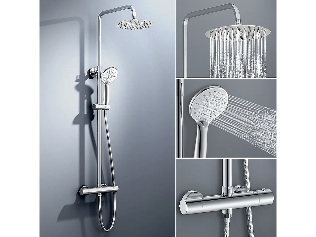 colonna doccia rotonda completo di miscelatore termostatico cilindro, soffione rotondo 25x25cm, cromo