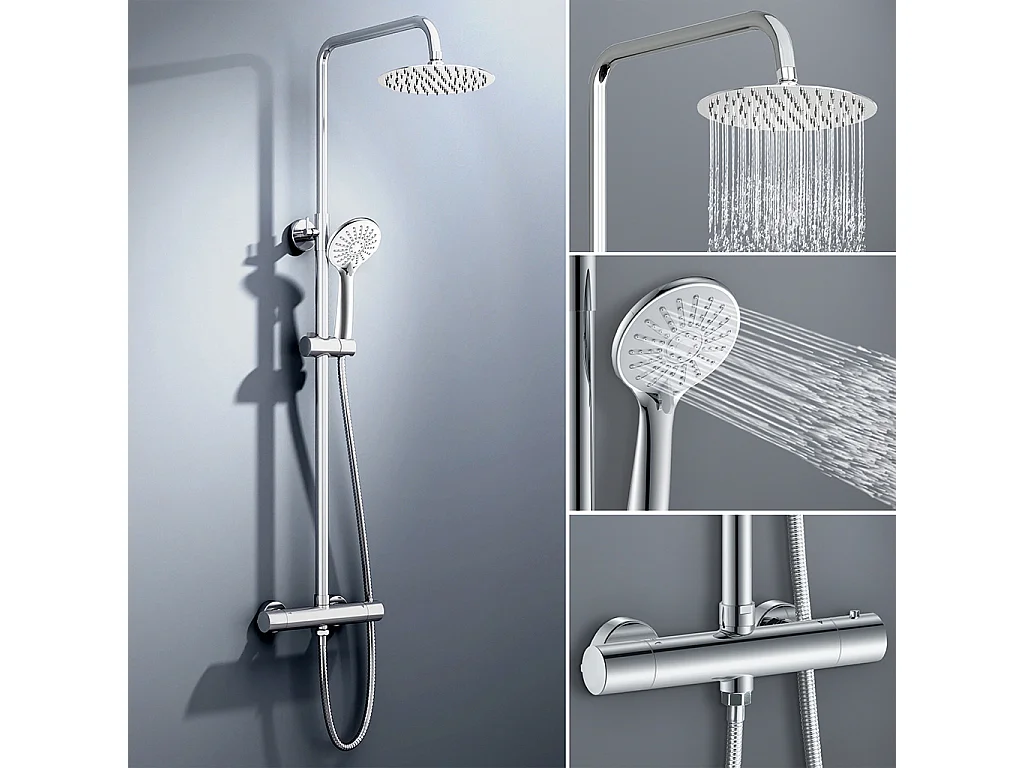 colonna doccia rotonda completo di miscelatore termostatico cilindro, soffione rotondo 20x20cm, cromo