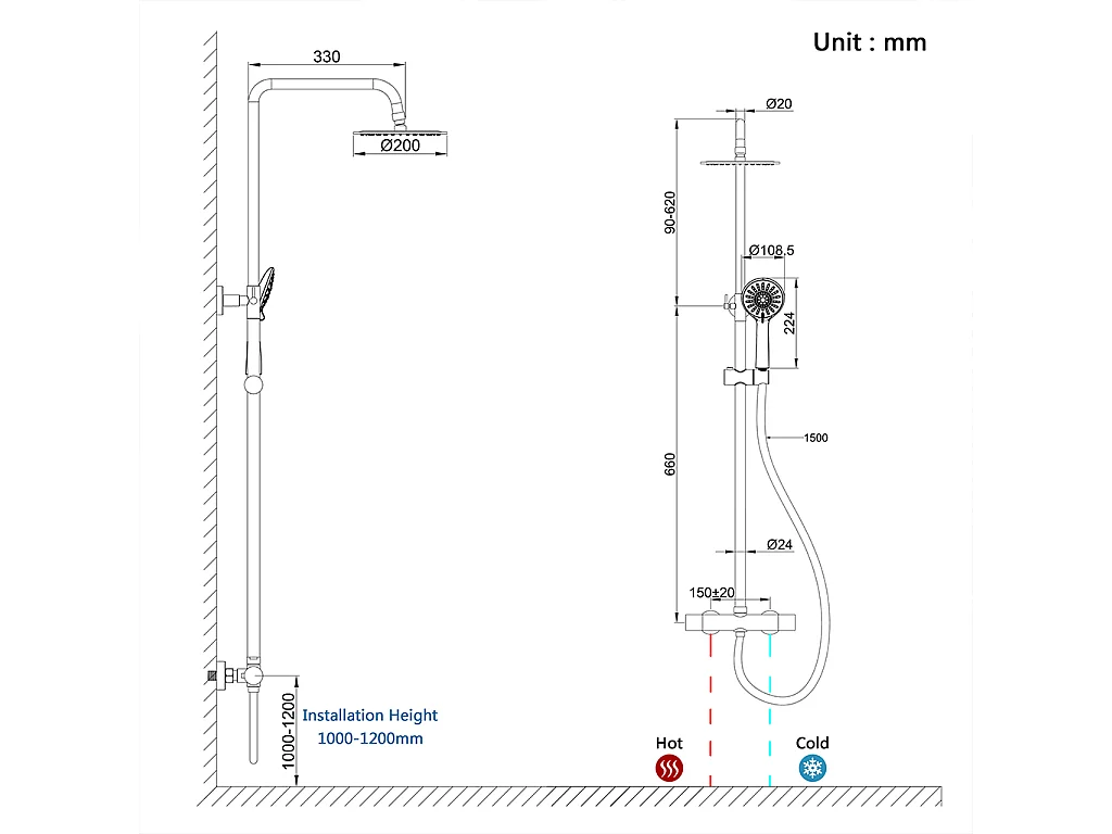 colonna doccia rotonda completo di miscelatore termostatico cilindro, soffione rotondo 20x20cm, cromo