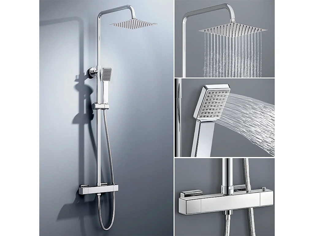 colonna doccia rotonda completo di miscelatore termostatico rettangolo, soffione quadrato 20x20cm, cromo