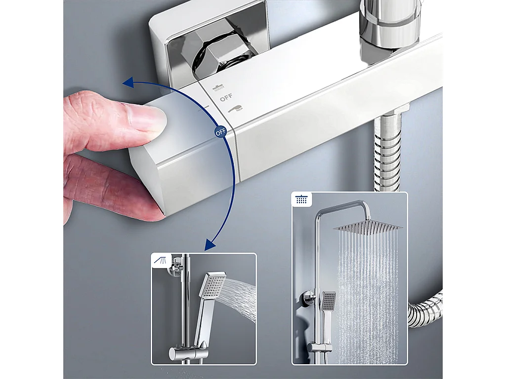 colonna doccia rotonda completo di miscelatore termostatico rettangolo, soffione quadrato 20x20cm, cromo