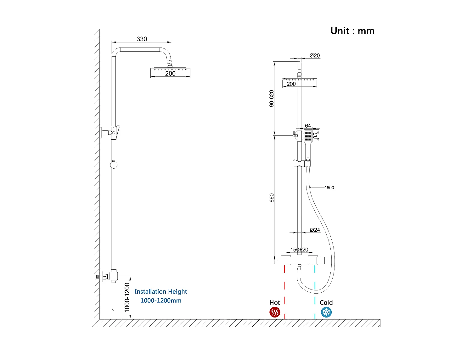 colonna doccia rotonda completo di miscelatore termostatico rettangolo, soffione quadrato 20x20cm, cromo