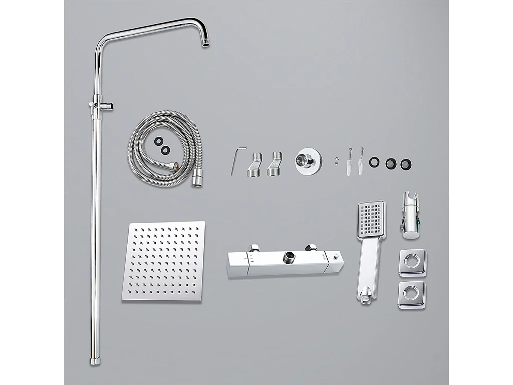 colonna doccia rotonda completo di miscelatore termostatico rettangolo, soffione quadrato 20x20cm, cromo