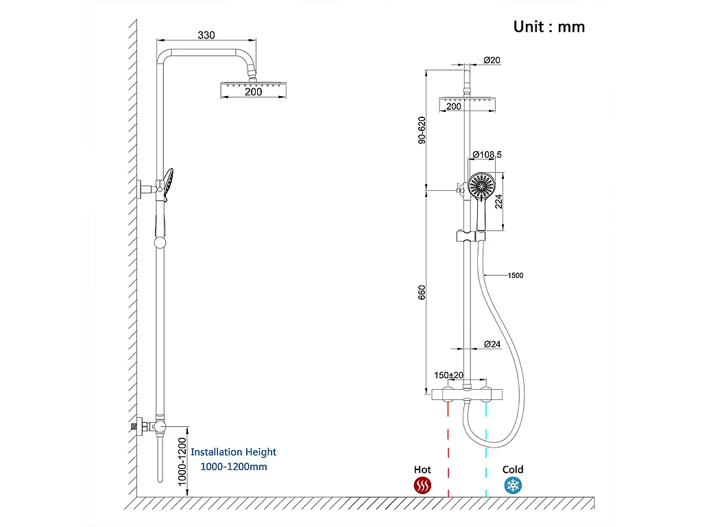 colonna doccia rotonda completo di miscelatore termostatico cilindro, soffione quadrato 20x20cm, cromo