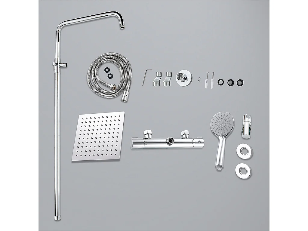 colonna doccia rotonda completo di miscelatore termostatico cilindro, soffione quadrato 20x20cm, cromo