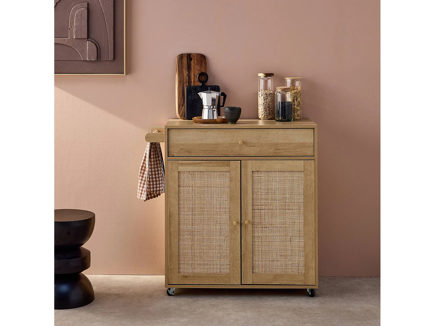 Carro de cocina de madera y rejilla con tirador, cajón y 2 puertas