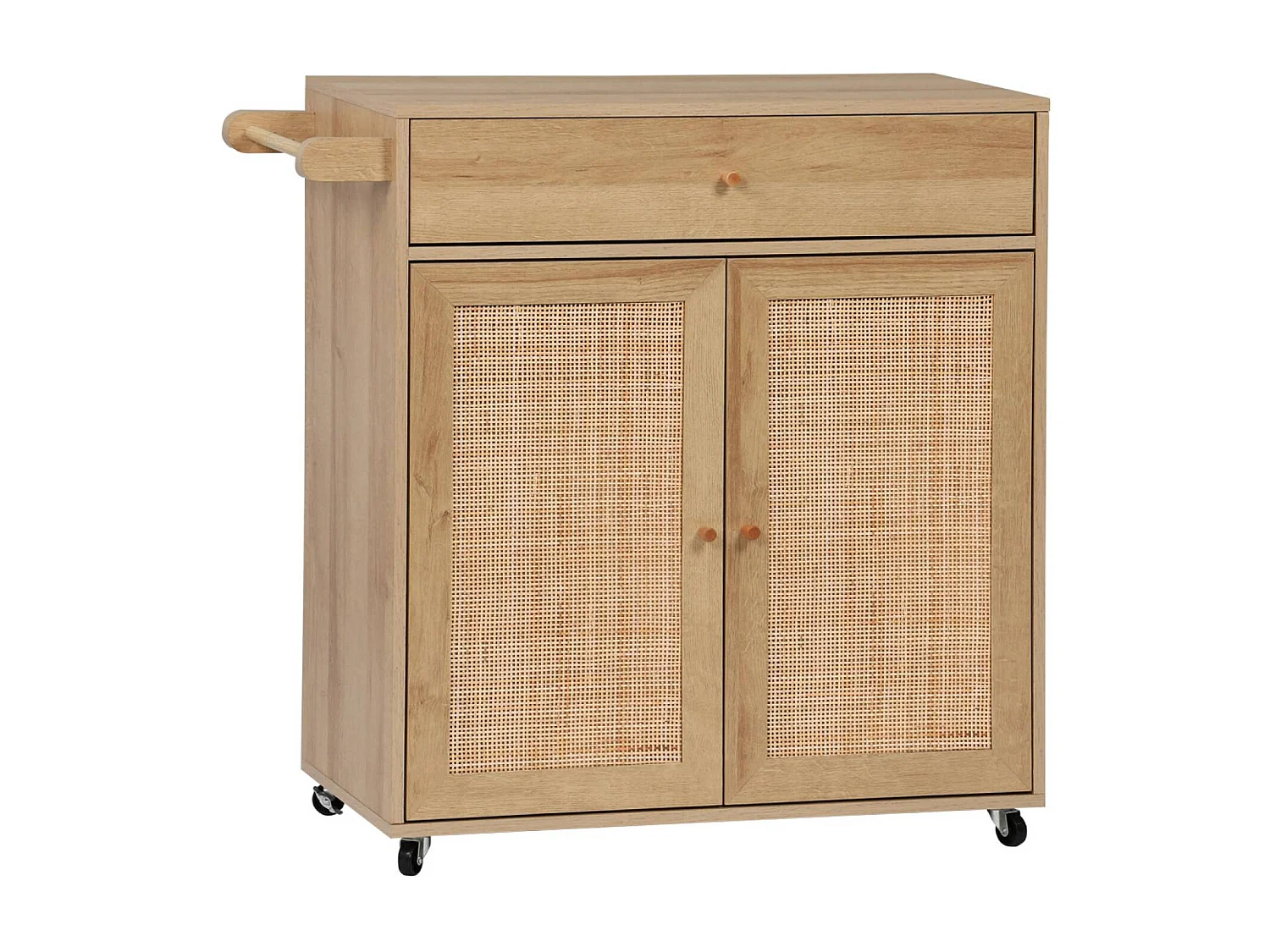 Carro de cocina de madera y rejilla con tirador, cajón y 2 puertas