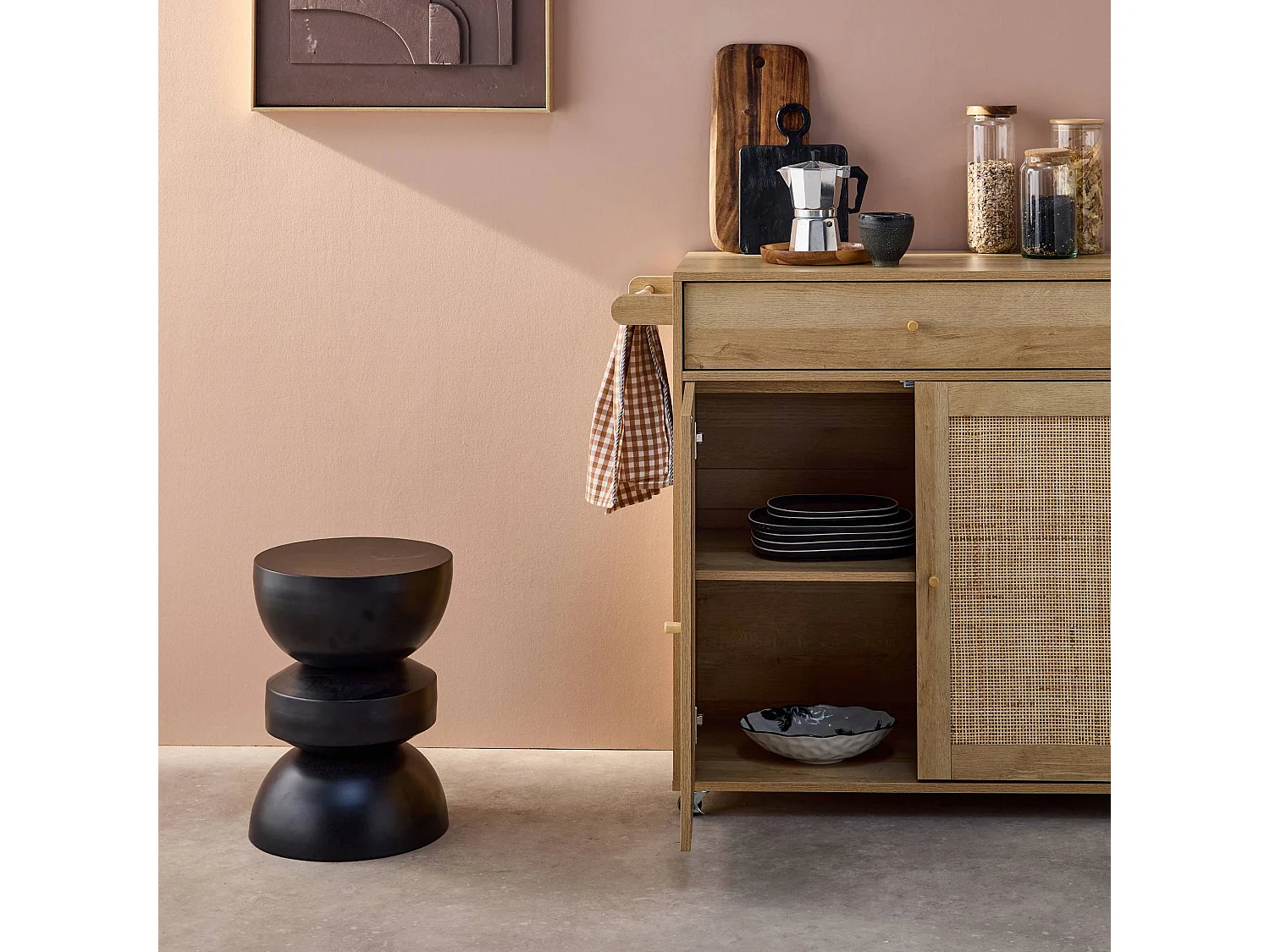 Carro de cocina de madera y rejilla con tirador, cajón y 2 puertas