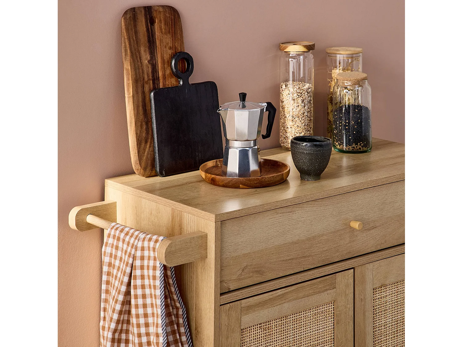 Carro de cocina de madera y rejilla con tirador, cajón y 2 puertas