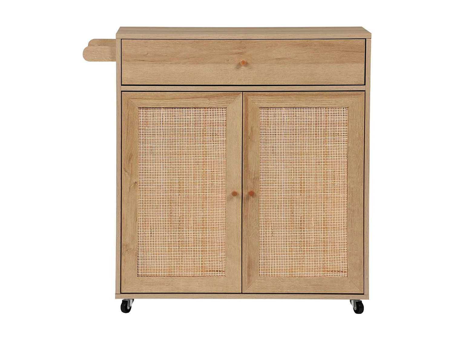 Carro de cocina de madera y rejilla con tirador, cajón y 2 puertas