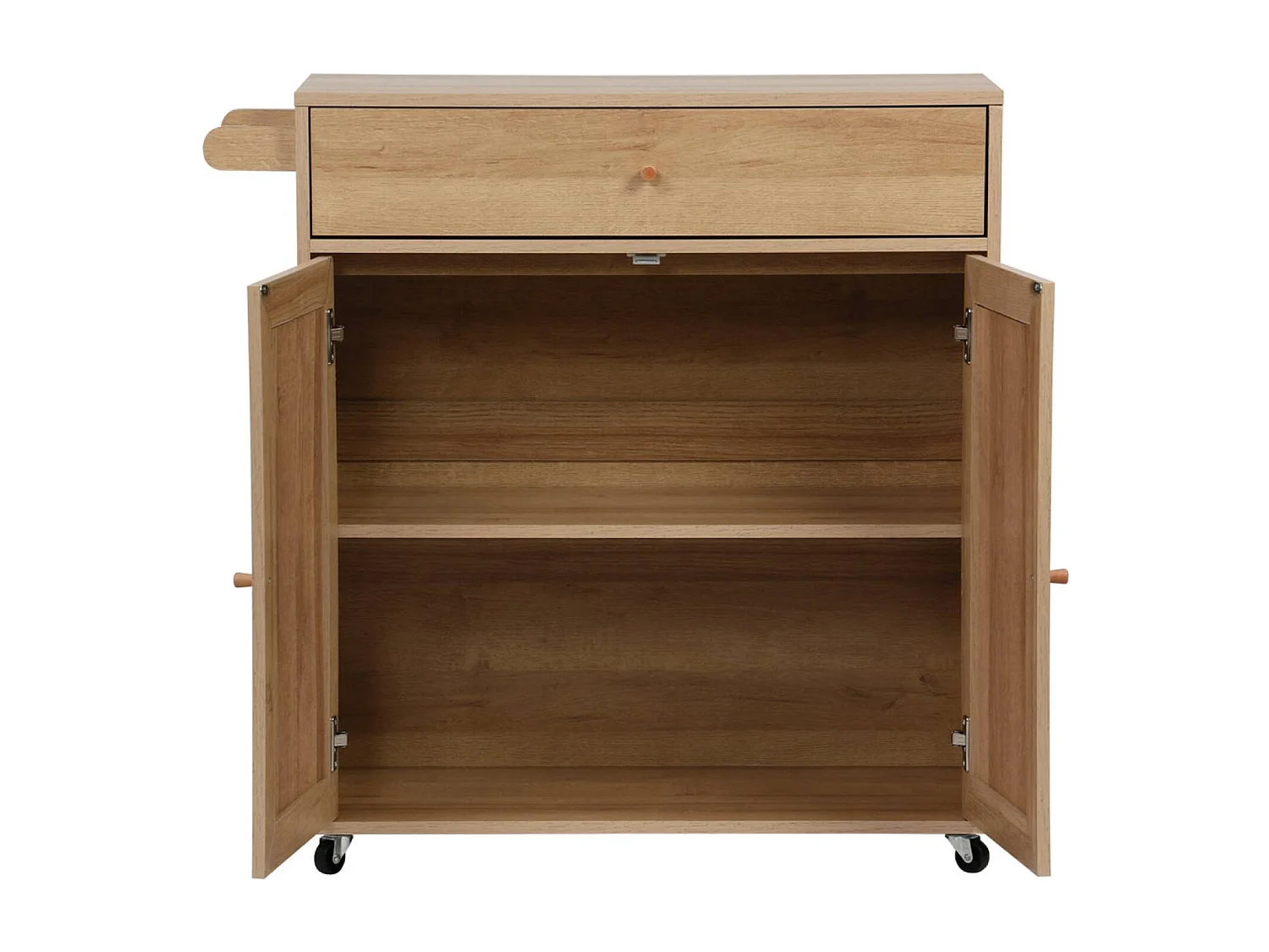 Carro de cocina de madera y rejilla con tirador, cajón y 2 puertas