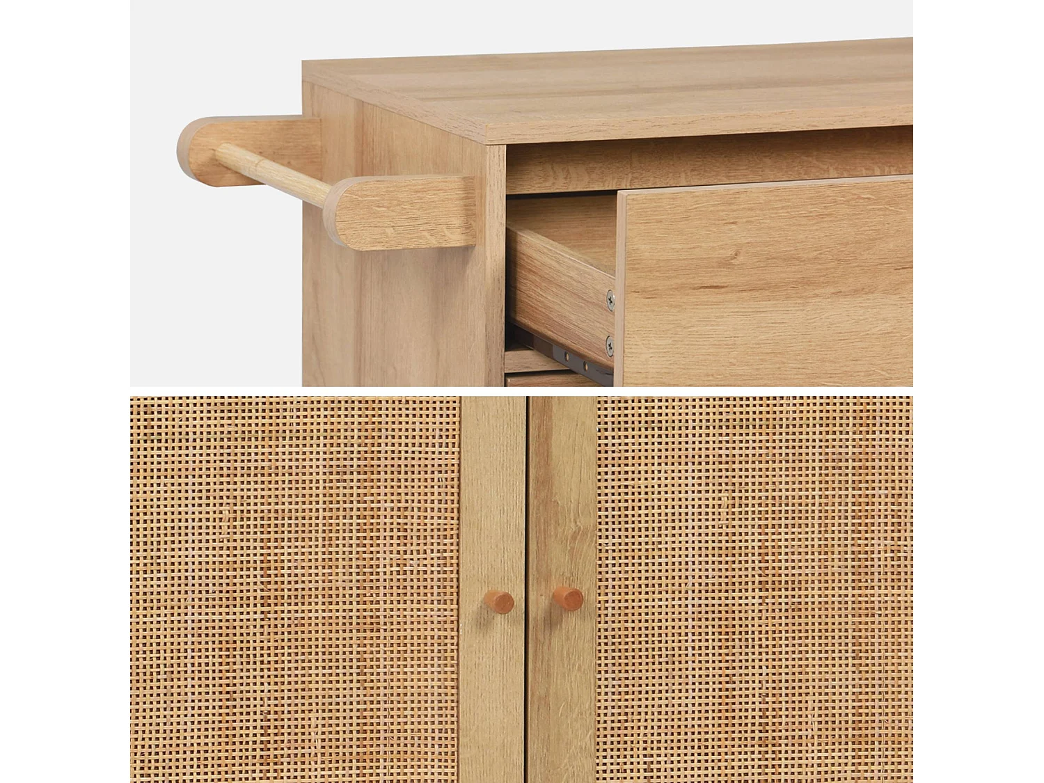 Carro de cocina de madera y rejilla con tirador, cajón y 2 puertas