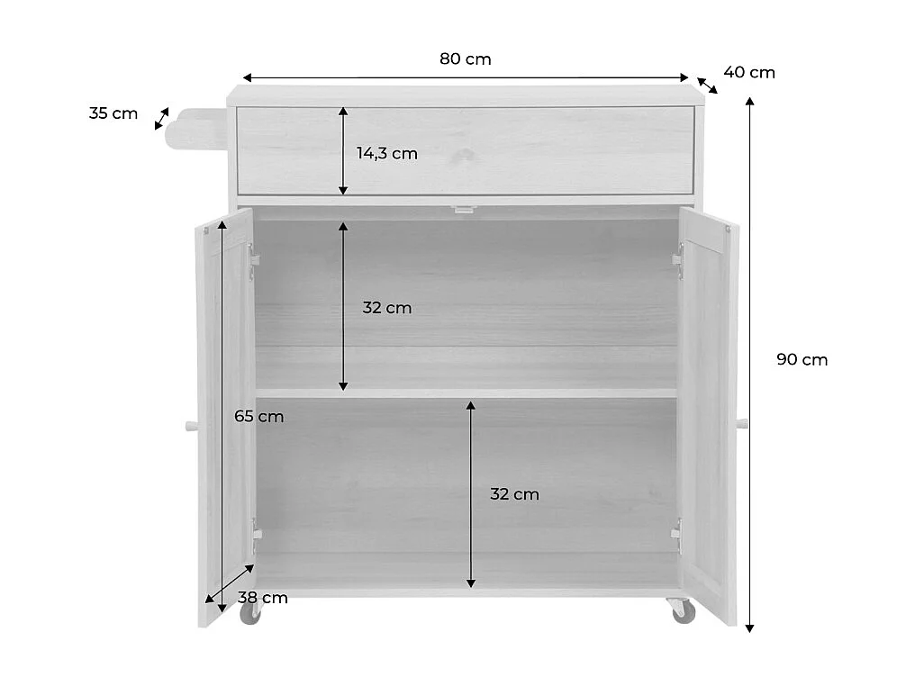 Carro de cocina de madera y rejilla con tirador, cajón y 2 puertas