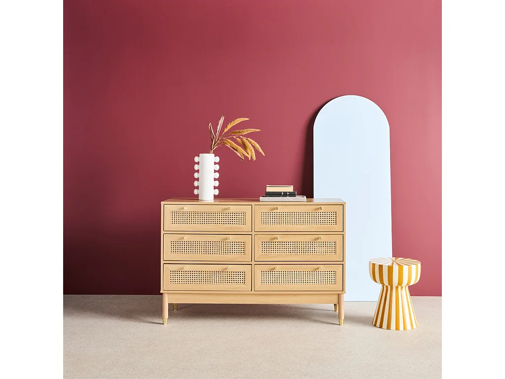 Cassettiera decorativa legno e rattan 6 cassetti, marrone naturale