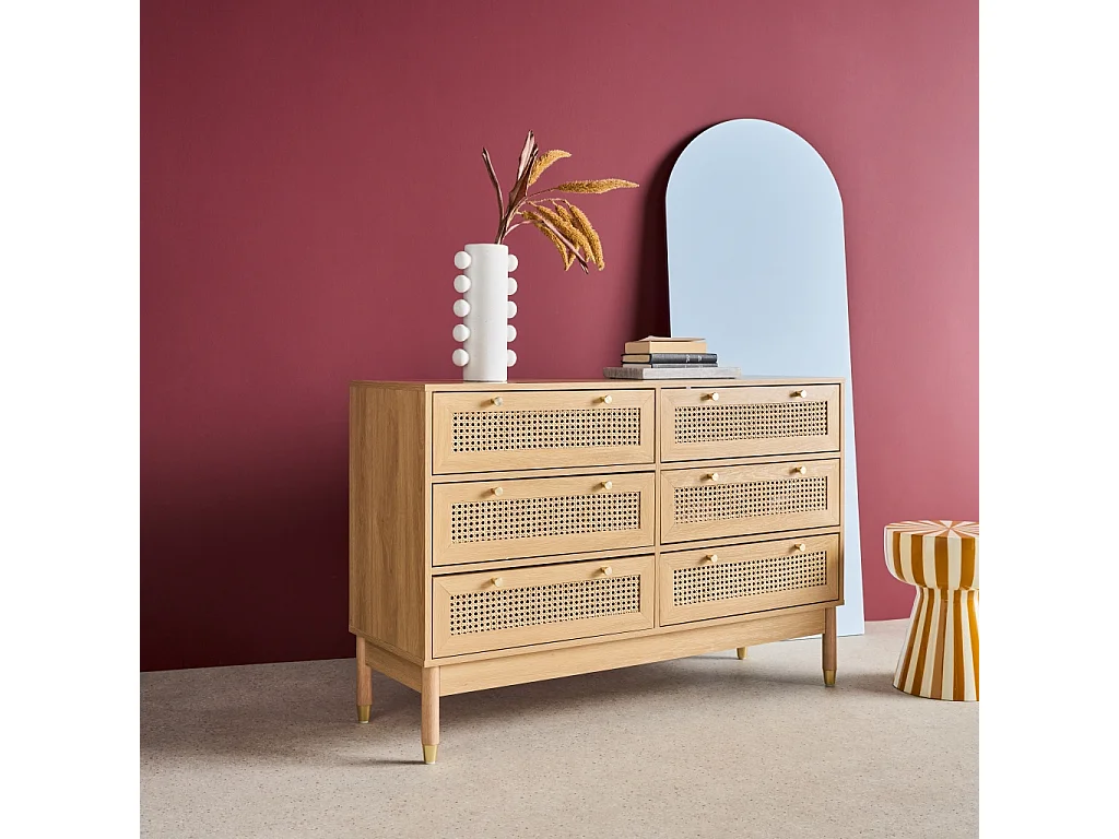 Cassettiera decorativa legno e rattan 6 cassetti, marrone naturale