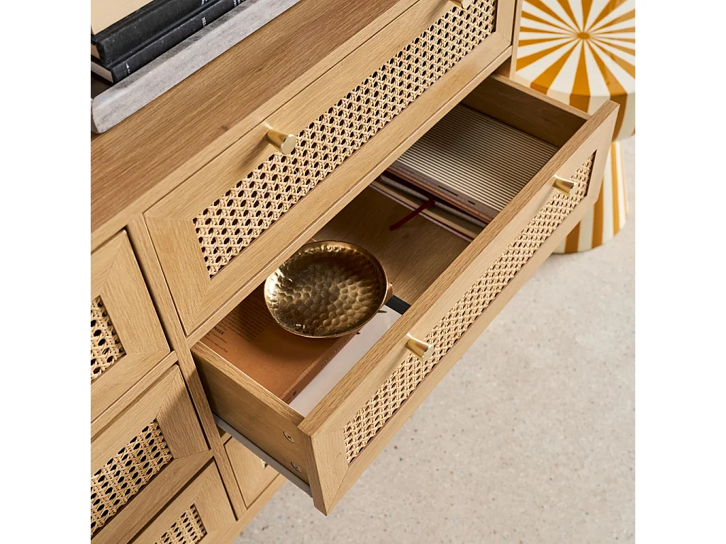 Cassettiera decorativa legno e rattan 6 cassetti, marrone naturale