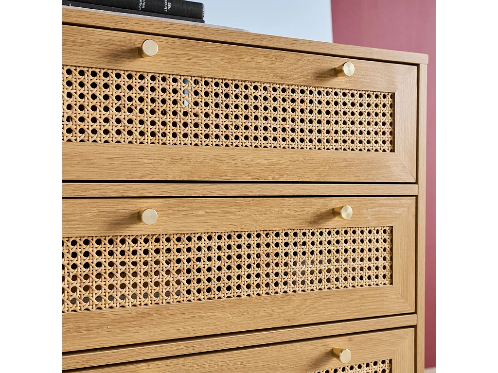 Cassettiera decorativa legno e rattan 6 cassetti, marrone naturale