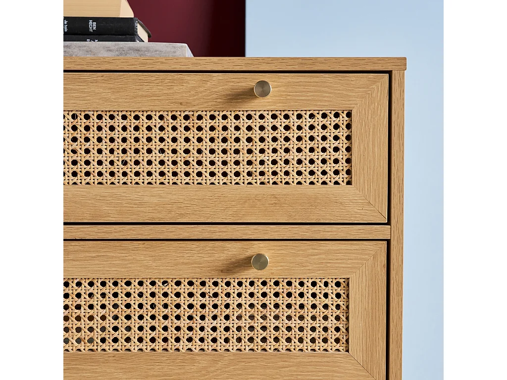 Cassettiera decorativa legno e rattan 6 cassetti, marrone naturale