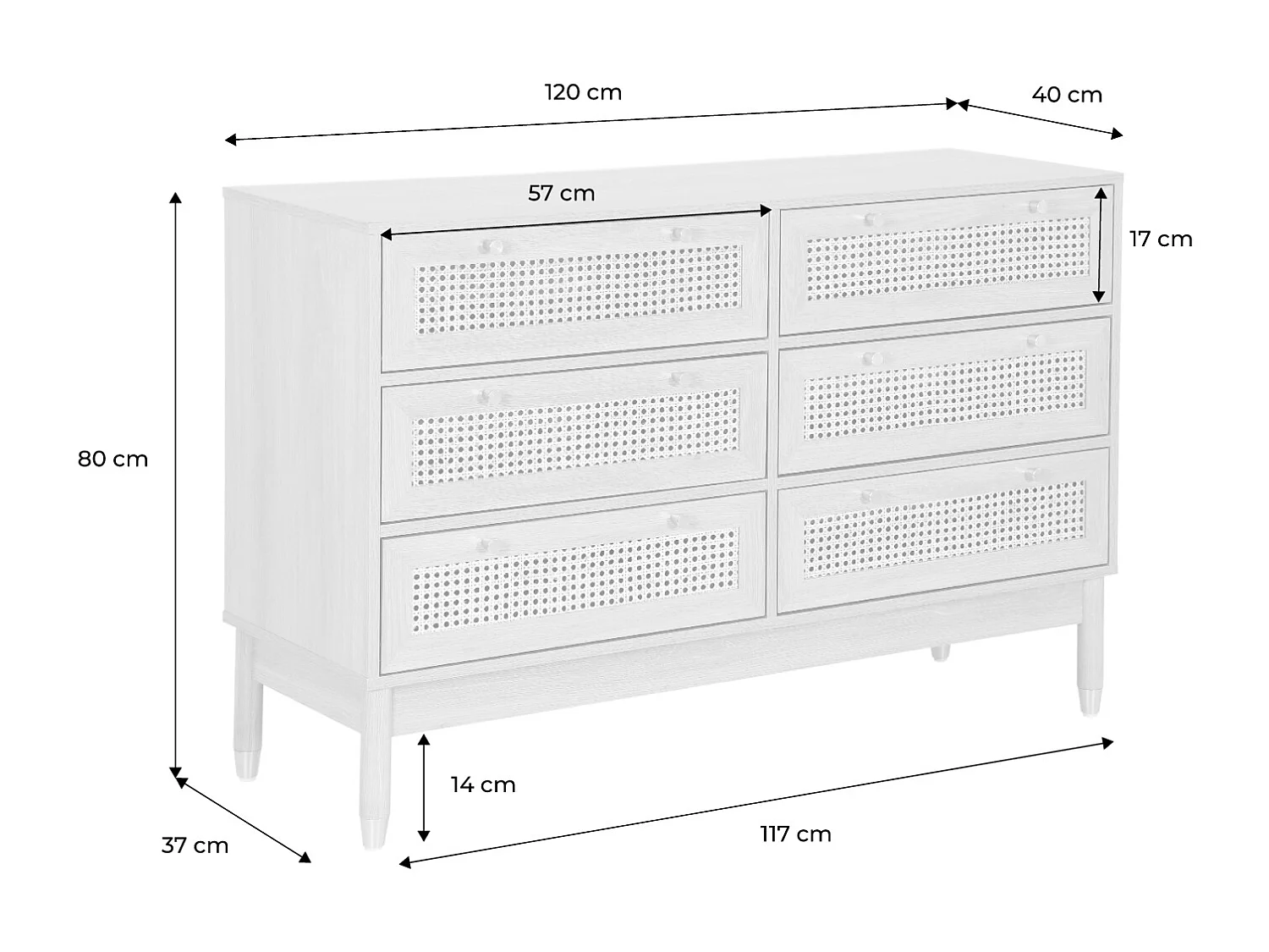 Cassettiera decorativa legno e rattan 6 cassetti, marrone naturale